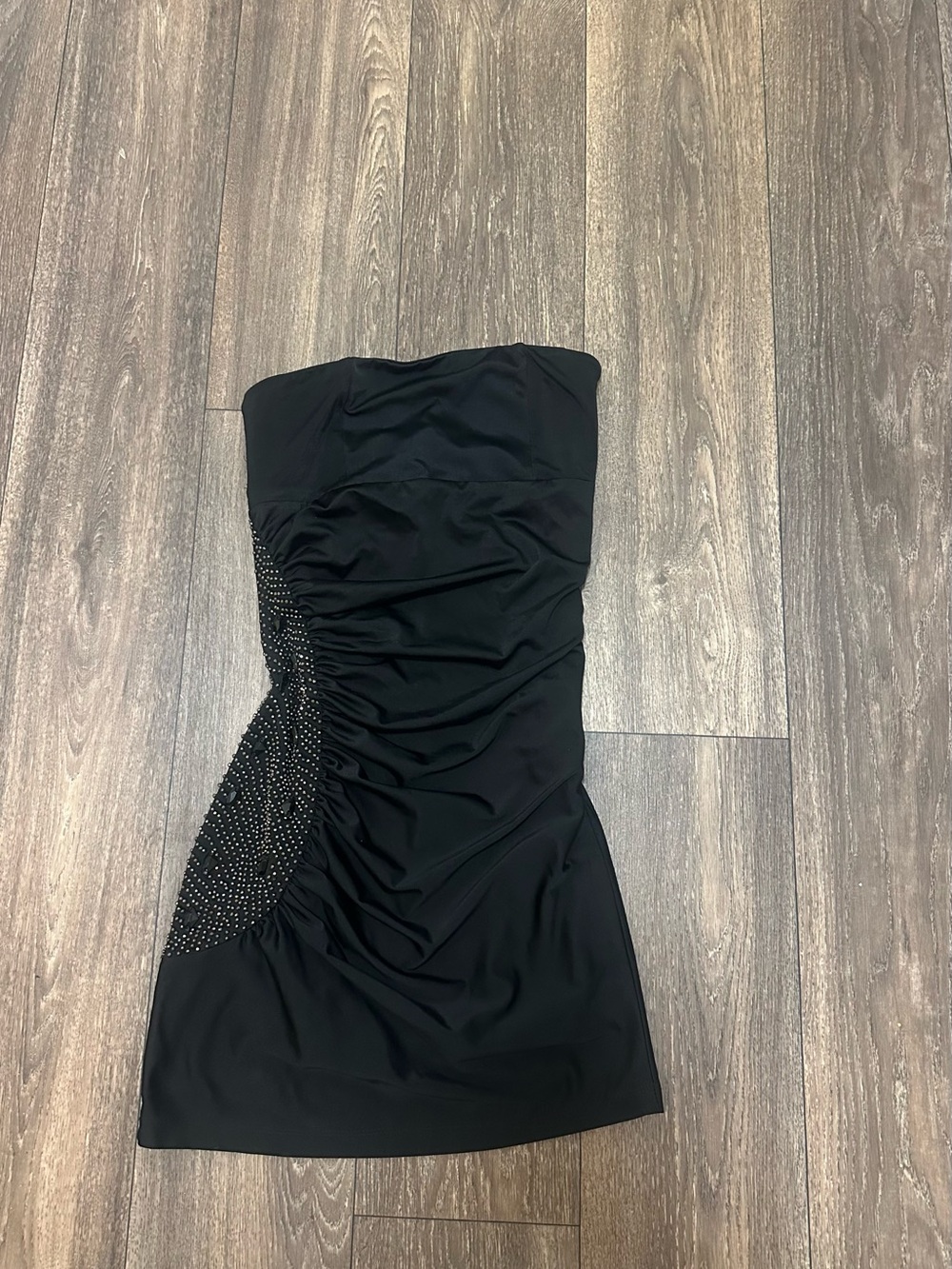 Twenty One Black Strapless Ruched Mini Dress with Beaded Side Detail